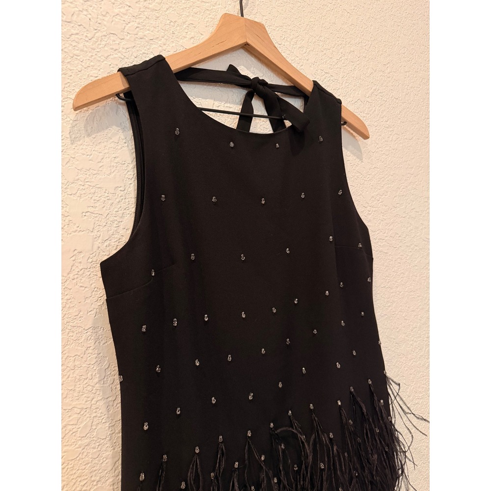 Ann Taylor Black Beaded Sleeveless Top Ostrich Feather Hem Tie Back Medium Glam - Picture 4 of 10